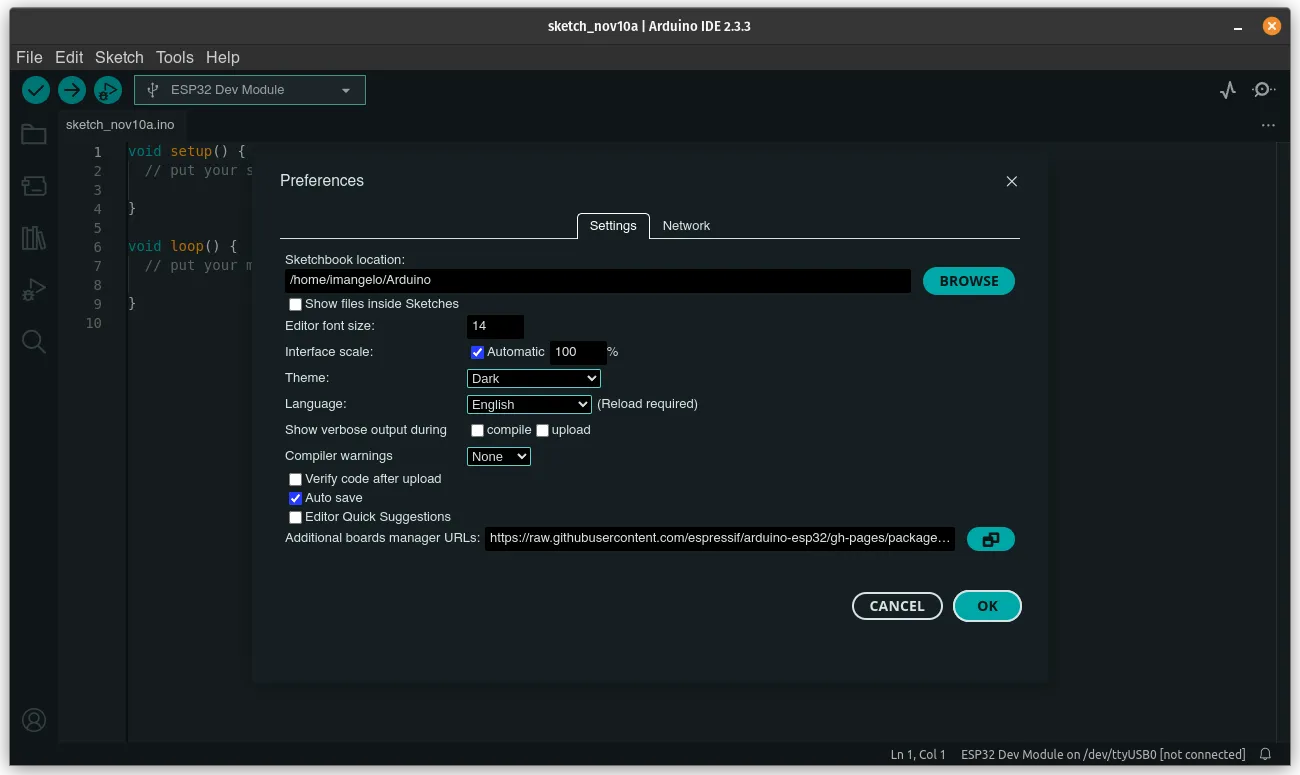 Menú Preferences de Arduino IDE